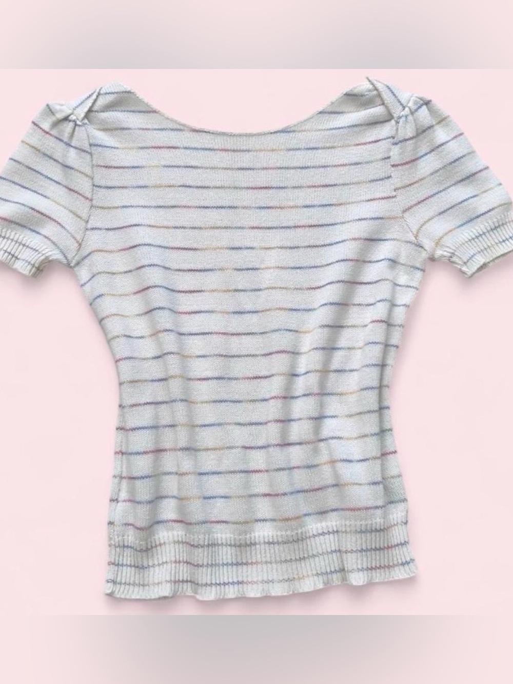 Vtg 80s Cotton Knit Puff Short Sleeve Striped Cottagecore Sweater (EUC)